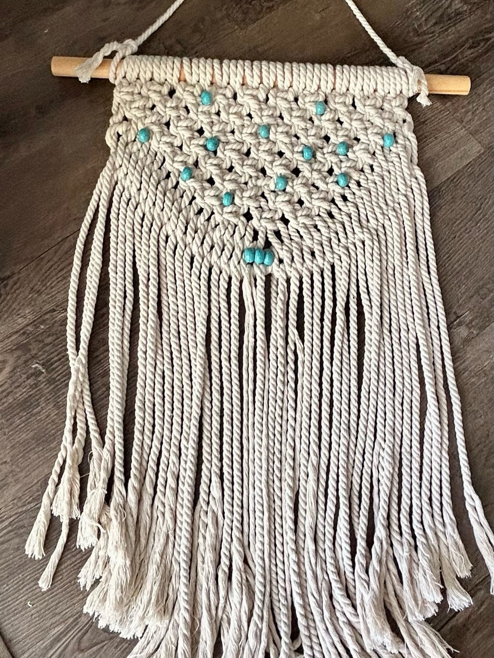 Handmade Boho Macrame Wall Hanging w Turquoise Beads